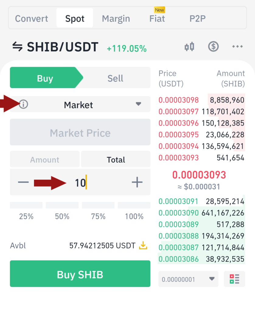 schermata acquisto shiba binance app